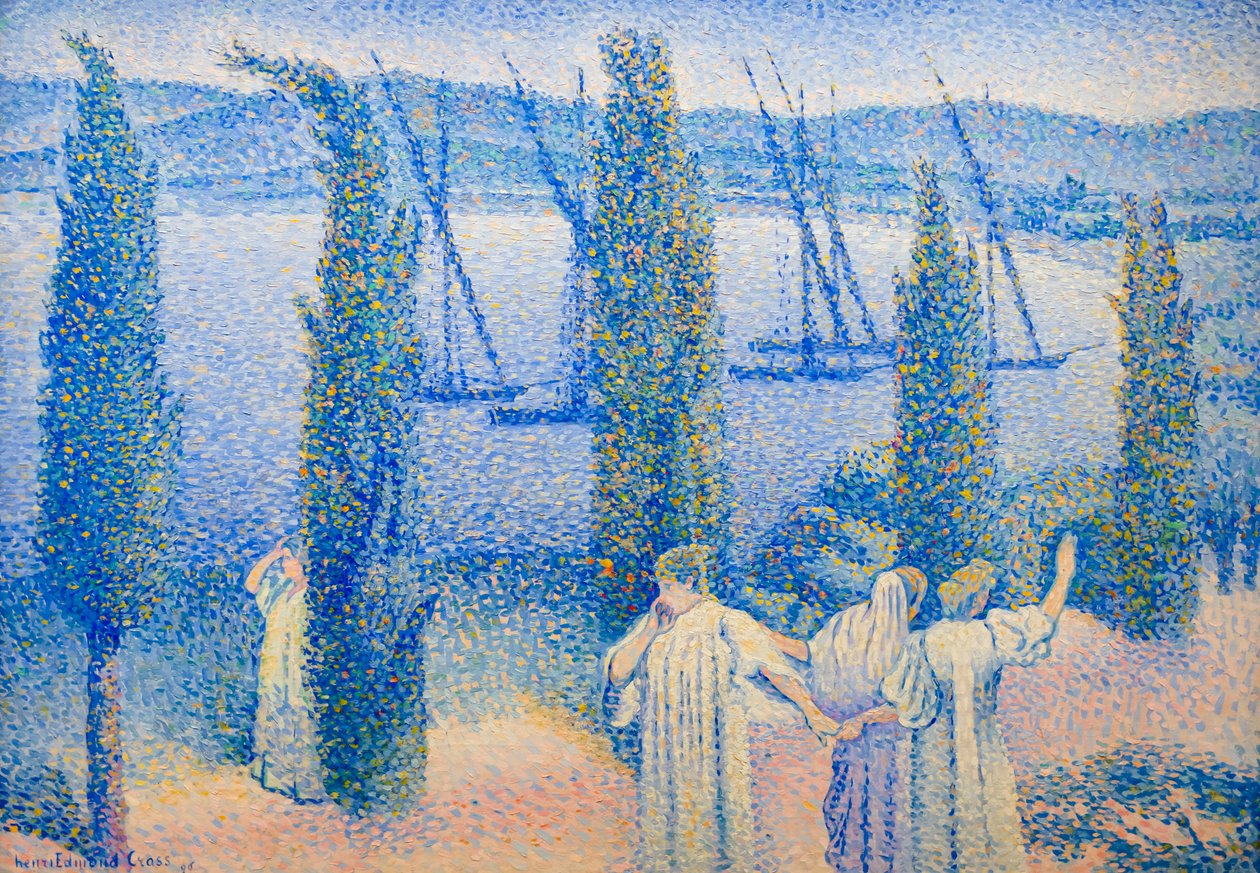 Kustzicht met cipressen door Henri Edmond Cross