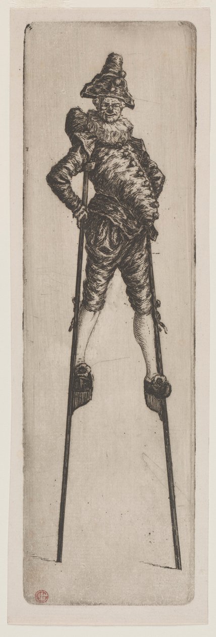 Punchinello op stelten, c. 1888 door Henri Charles Guérard