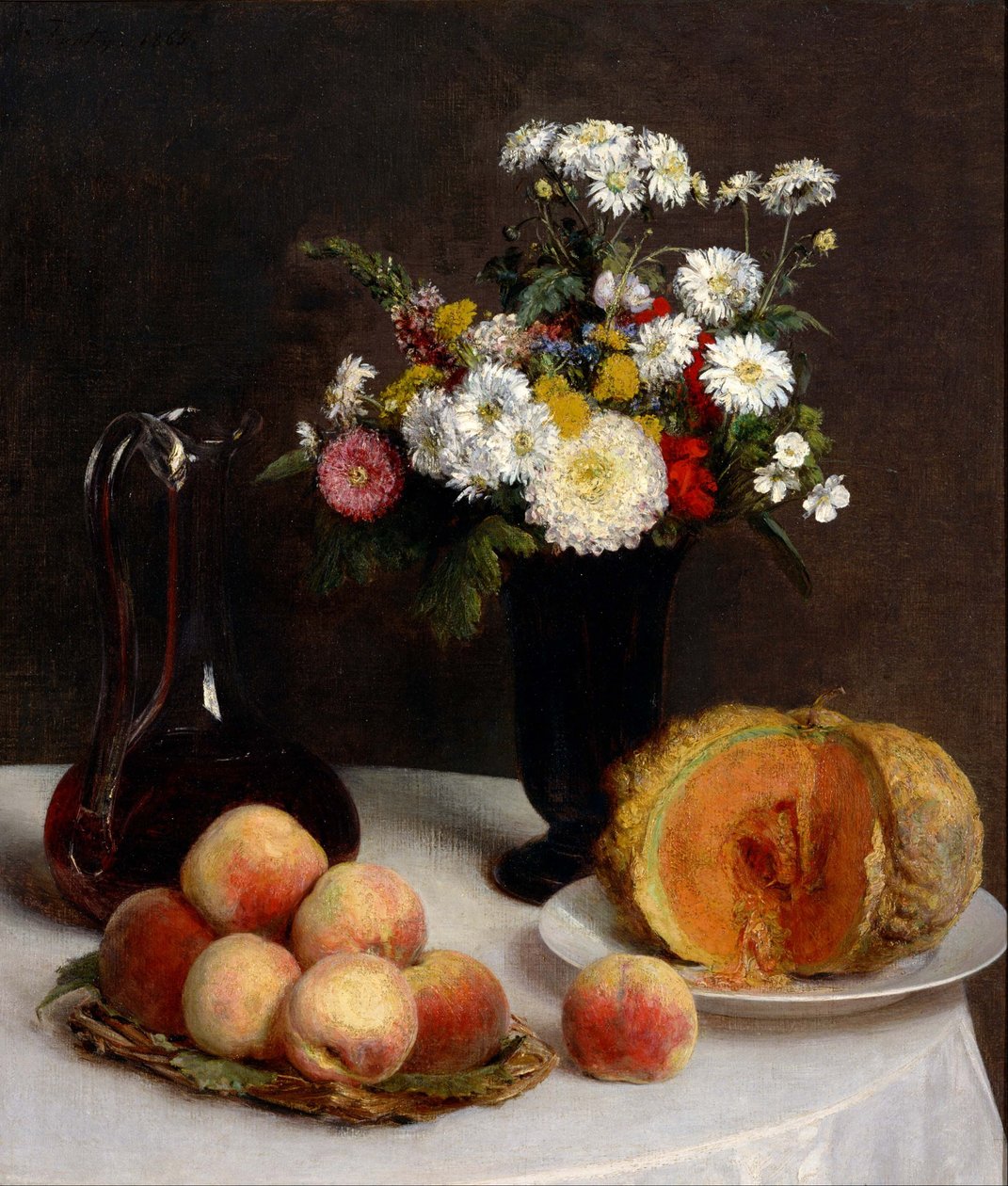 Stilleven met bloemen, fruit en wijnvaten. door Henri Fantin Latour