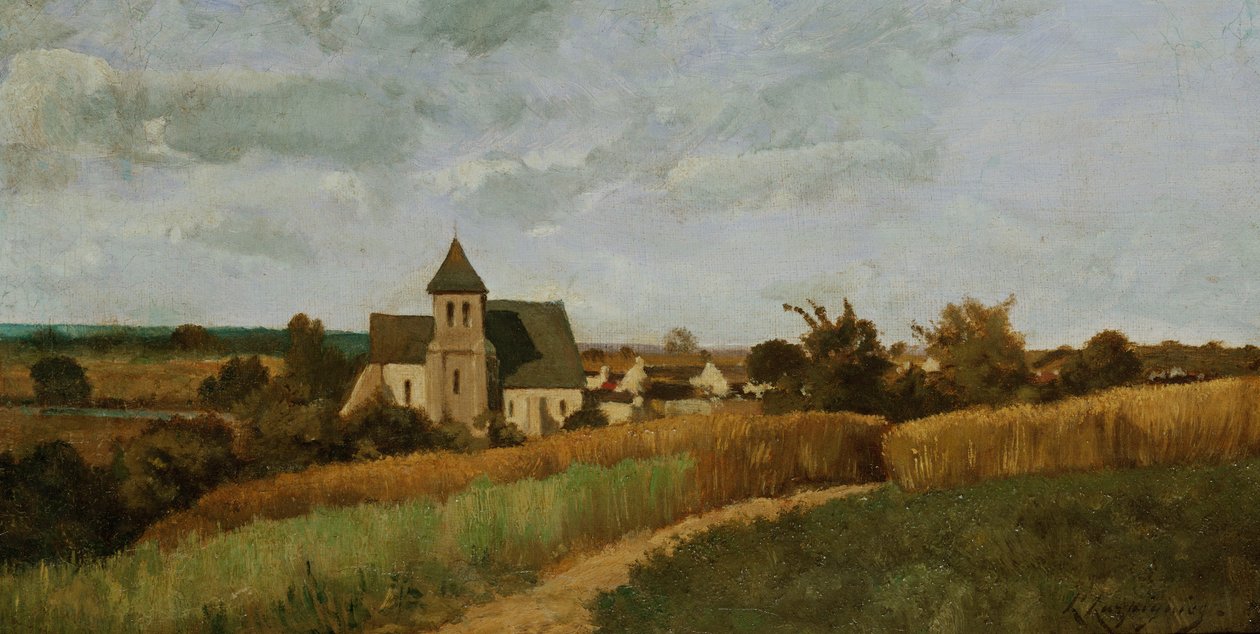 Een dorp tijdens de oogsttijd door Henri Joseph Harpignies