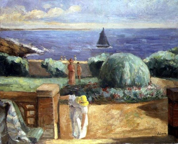 Vrouw op het terras in Prefailles door Henri Lebasque
