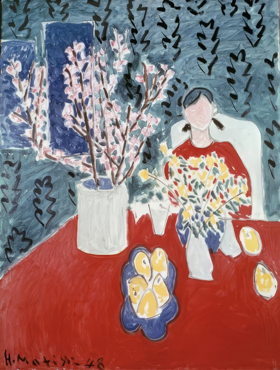 Takken van pruimenbomen op groene achtergrond door Henri Matisse