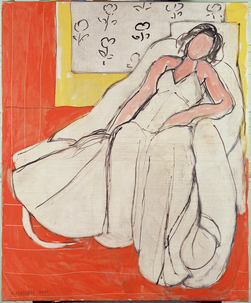 Jonge vrouw in wit met rode achtergrond door Henri Matisse