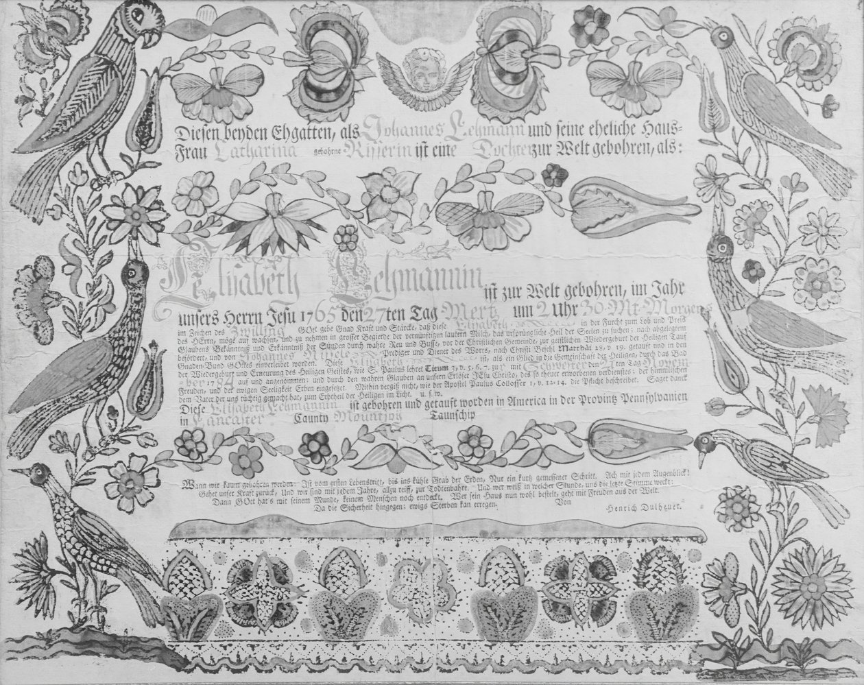 Geboorte- en Doopcertificaat, 1784 door Henrich Dulhauer.