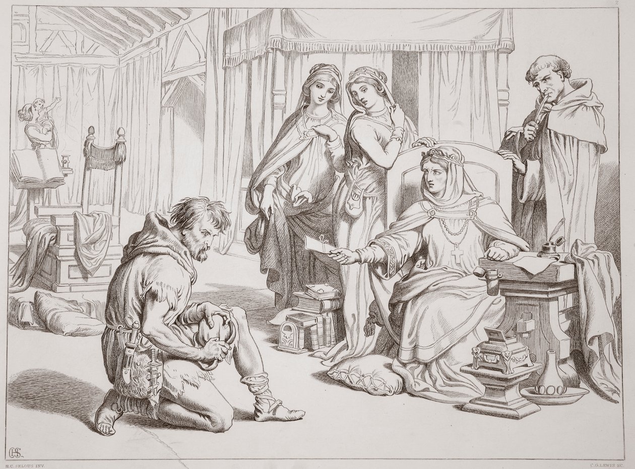 Martin Lightfoot onderneemt om de brief naar Graaf Leofric te brengen, illustratie uit Hereward the Great door Charles Kingsley, pub. 1870, gegraveerd door C.G. Lewis door Henry Courtney Selous