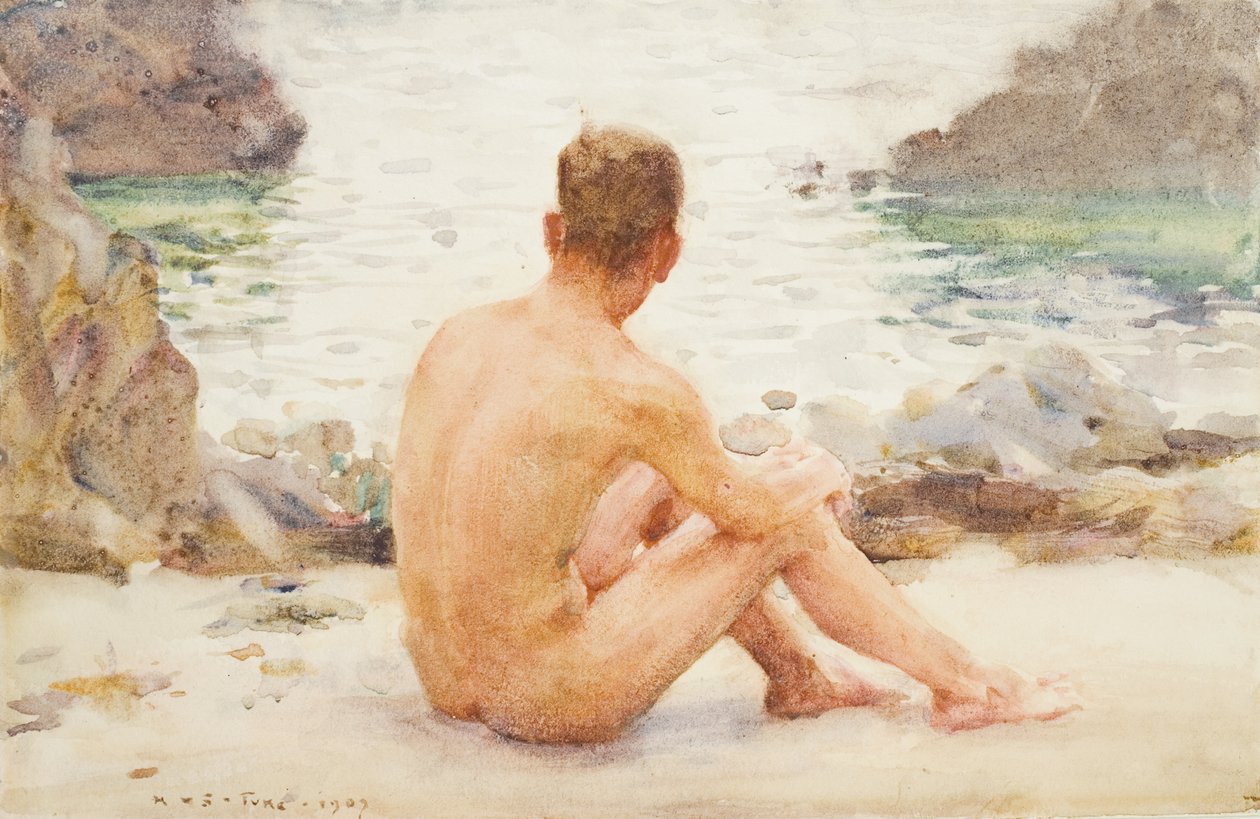 Charlie Zittend op het Zand, 1907 door Henry Scott Tuke