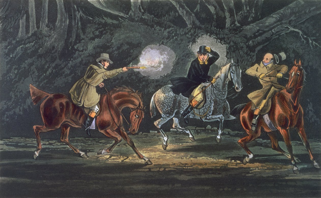 Stand and Deliver, geaquarelleerd door E. Duncan, gepubliceerd 1851 door R. Ackermann door Henry Thomas Alken