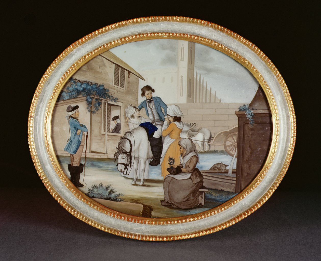 Een omgekeerd glas schilderij met een afscheidsscène buiten een taverne, Qianlong-periode (1736-95) c.1790 door Henry W. Banbury