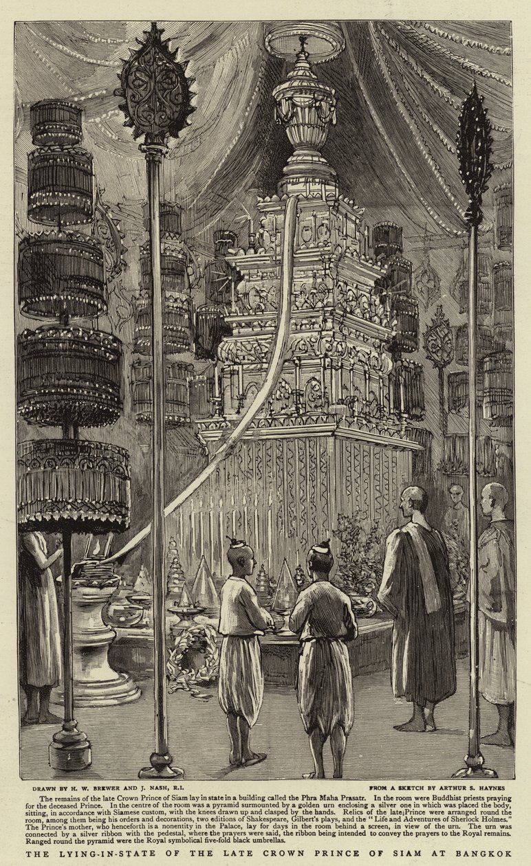 De lijkwade van de overleden kroonprins van Siam in Bangkok door Henry William Brewer