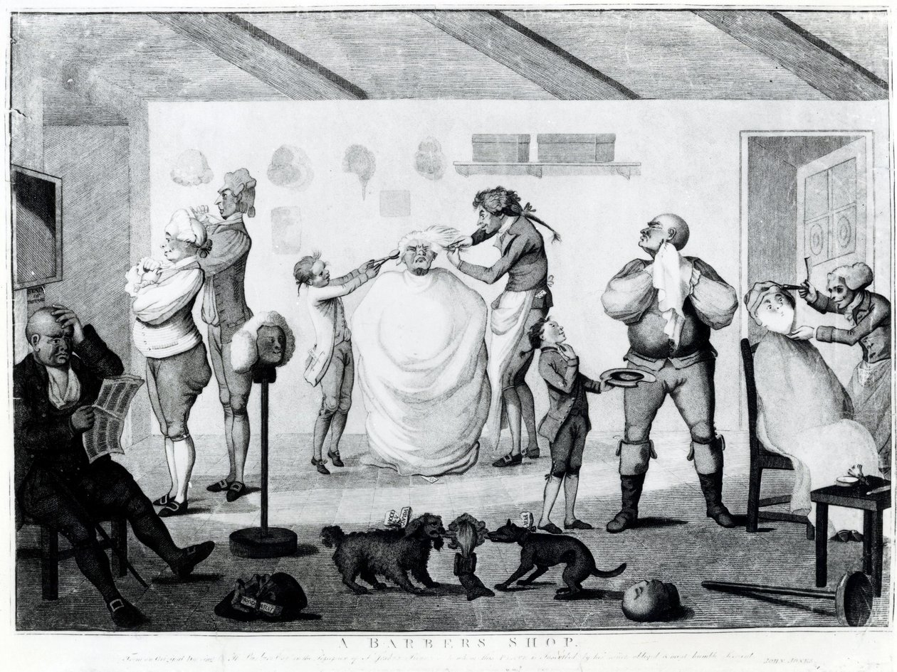 Een kapperszaak, uitgegeven door William Dickinson, 1785 door Henry William Bunbury