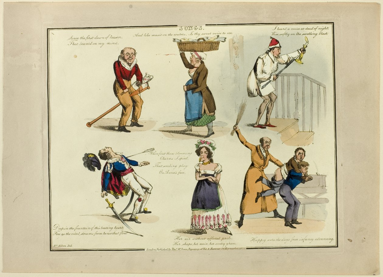 Plaat van illustraties tot populaire liedjes door Henry Alken