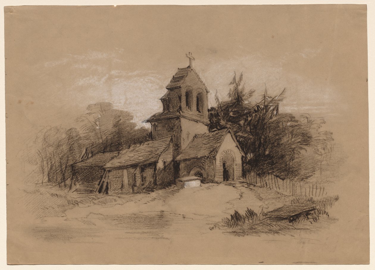 Kerk in een landschap, 1800s door Henry Bright