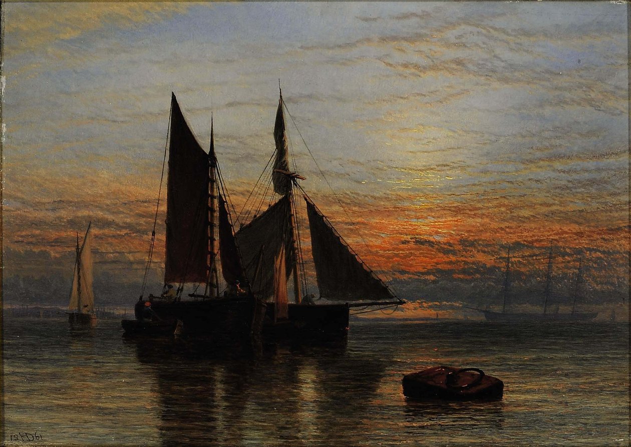 Scheepvaart op een kalme zee bij schemering door Henry Dawson