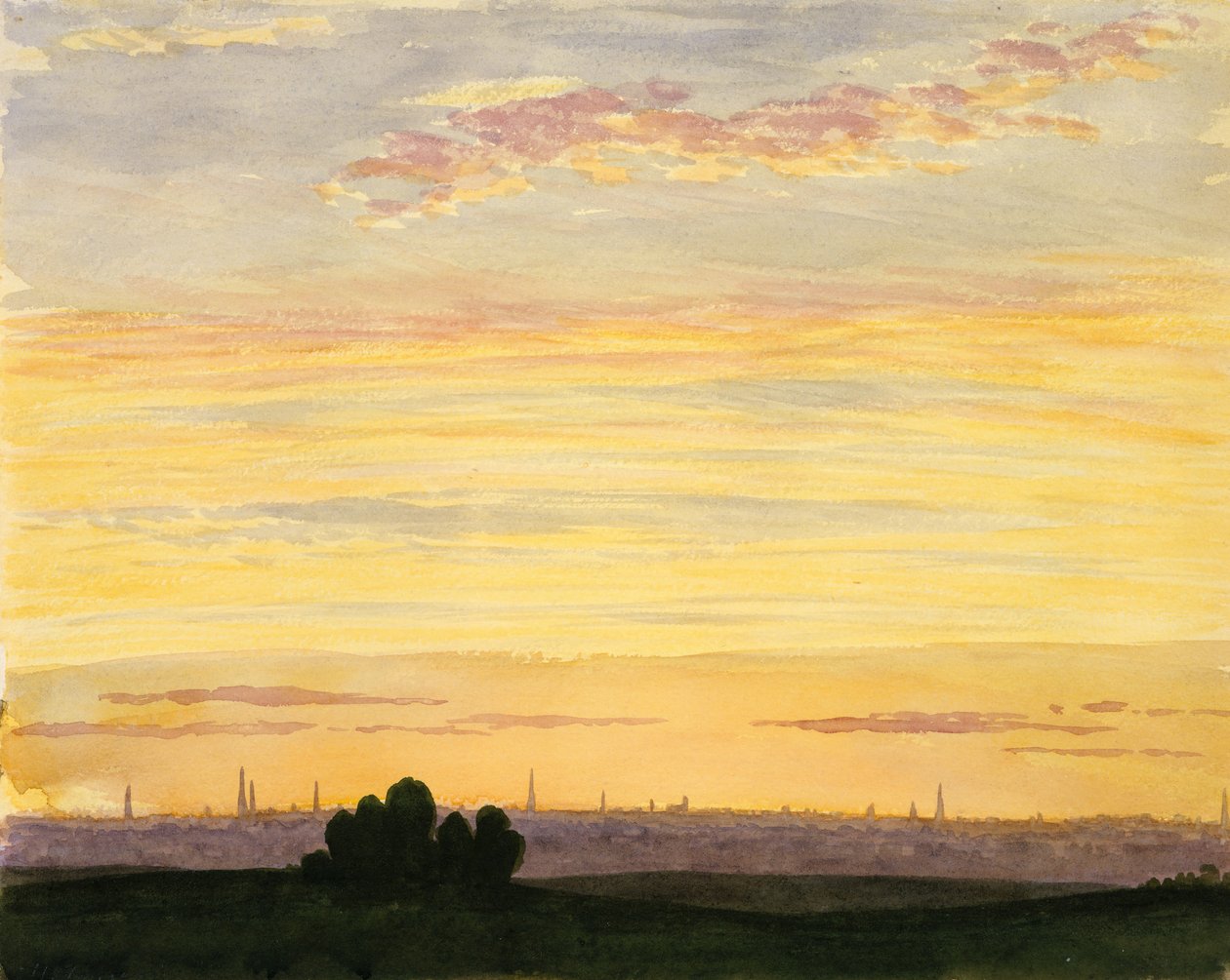 Stad en zonsondergang door Henry Farrer