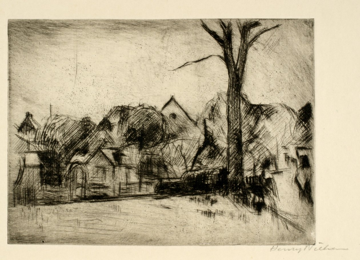 Landschap met hoge boom en huizen door Henry Nielsen