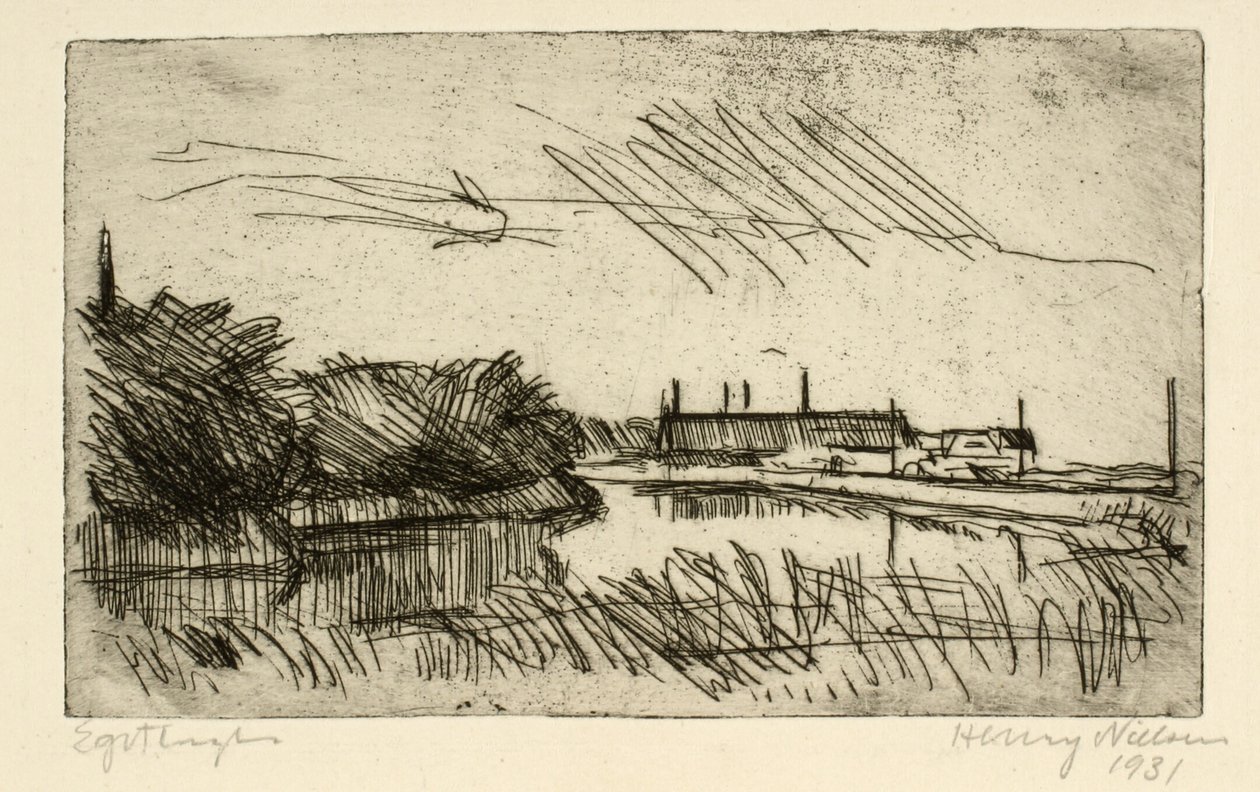 Landschap met waterloop en huizen door Henry Nielsen