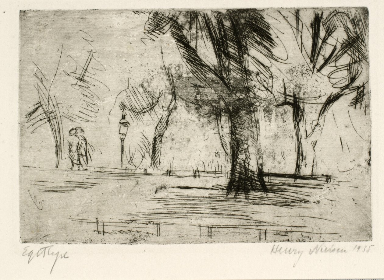 Park met twee wandelaars en lantaarn door Henry Nielsen