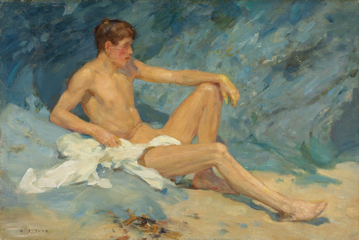 Een mannelijke naaktfiguur liggend op rotsen door Henry Scott Tuke