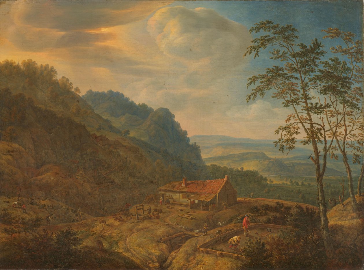 Bergachtig landschap met boerderij door Herman Saftleven