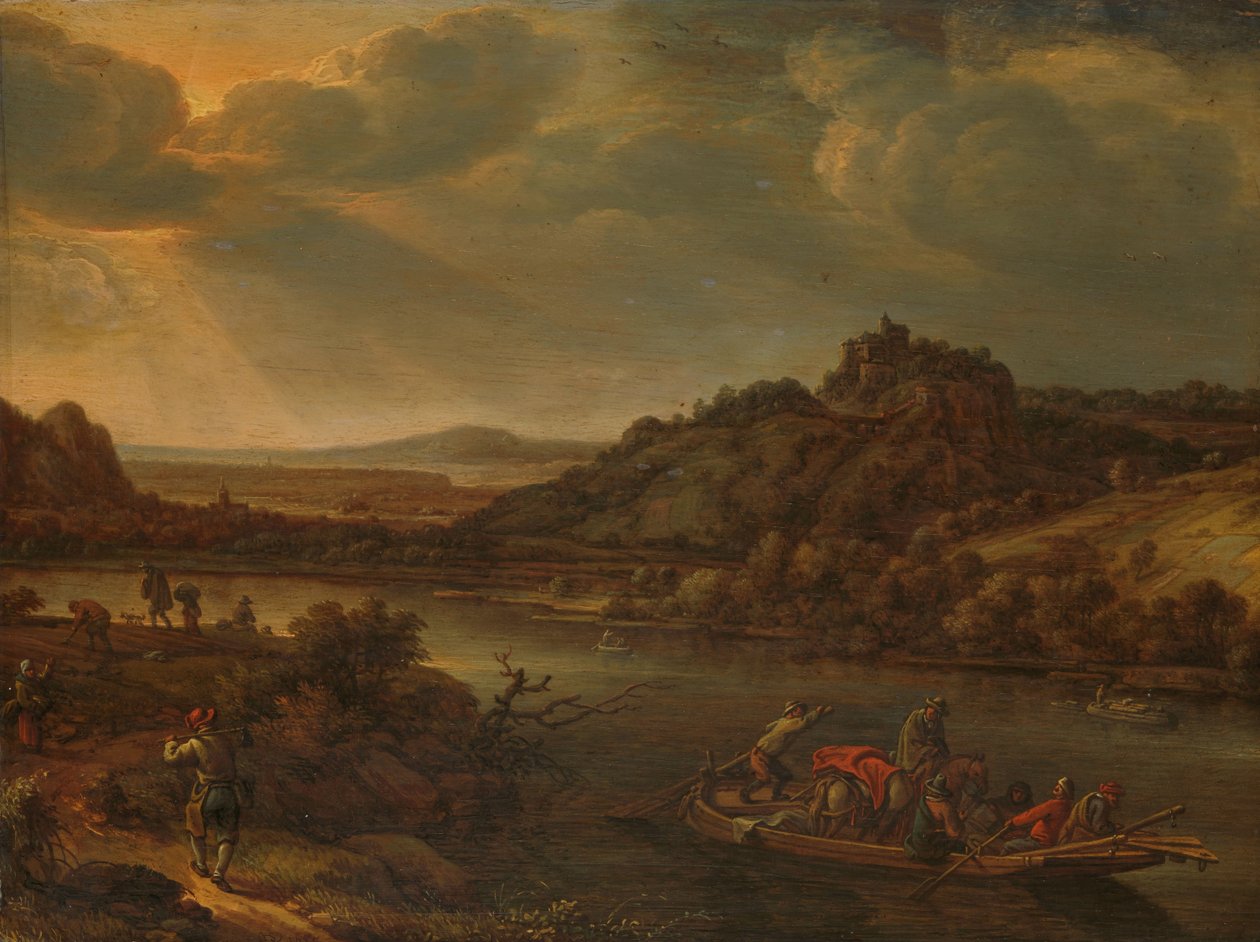 Rivierzicht met veerboot door Herman Saftleven