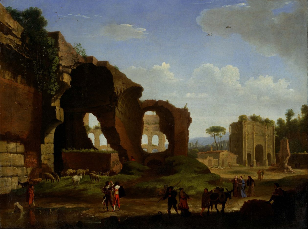 Gezicht op Rome met Venus en de Romeinse tempel en de Triomfboog van Constantijn. door Herman van Swanevelt