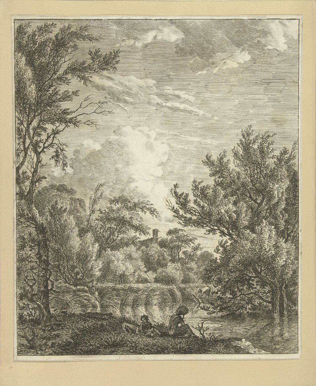 Landschap met vrouw aan waterkant door Hermanus Fock
