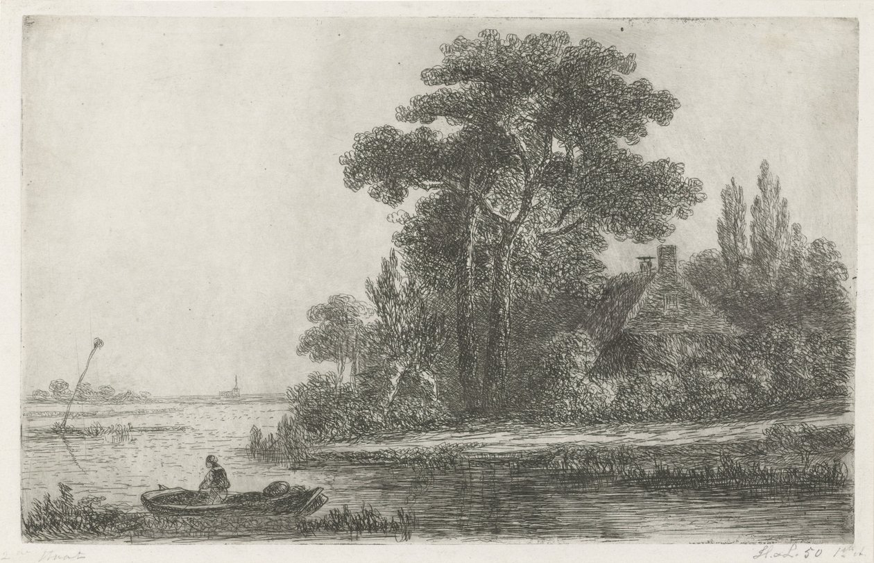 Rivierlandschap met baken door Hermanus Jan Hendrik van Rijkelijkhuysen