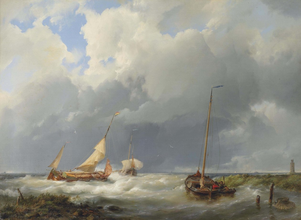 Kusttafereel met vissersschepen door Hermanus Koekkoek