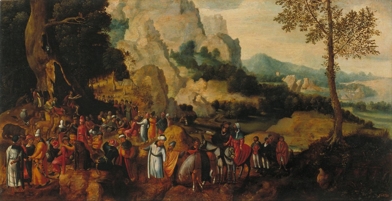 Landschap met Johannes de Doper die predikt door Herri met de Bles