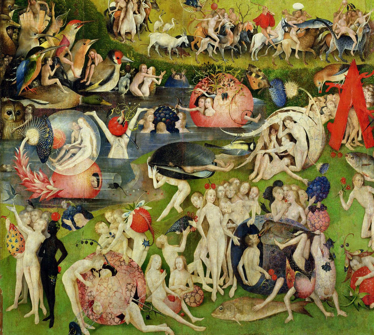 De Tuin der Lusten: Allegorie van Luxe, centraal paneel van drieluik (detail) door Hieronymus Bosch
