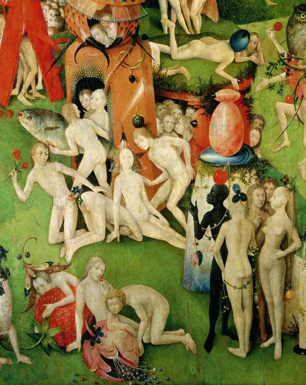 De tuin der aardse genoegens: Allegorie van luxe, middenpaneel van drieluik, ca. 1500 (detail) door Hieronymus Bosch