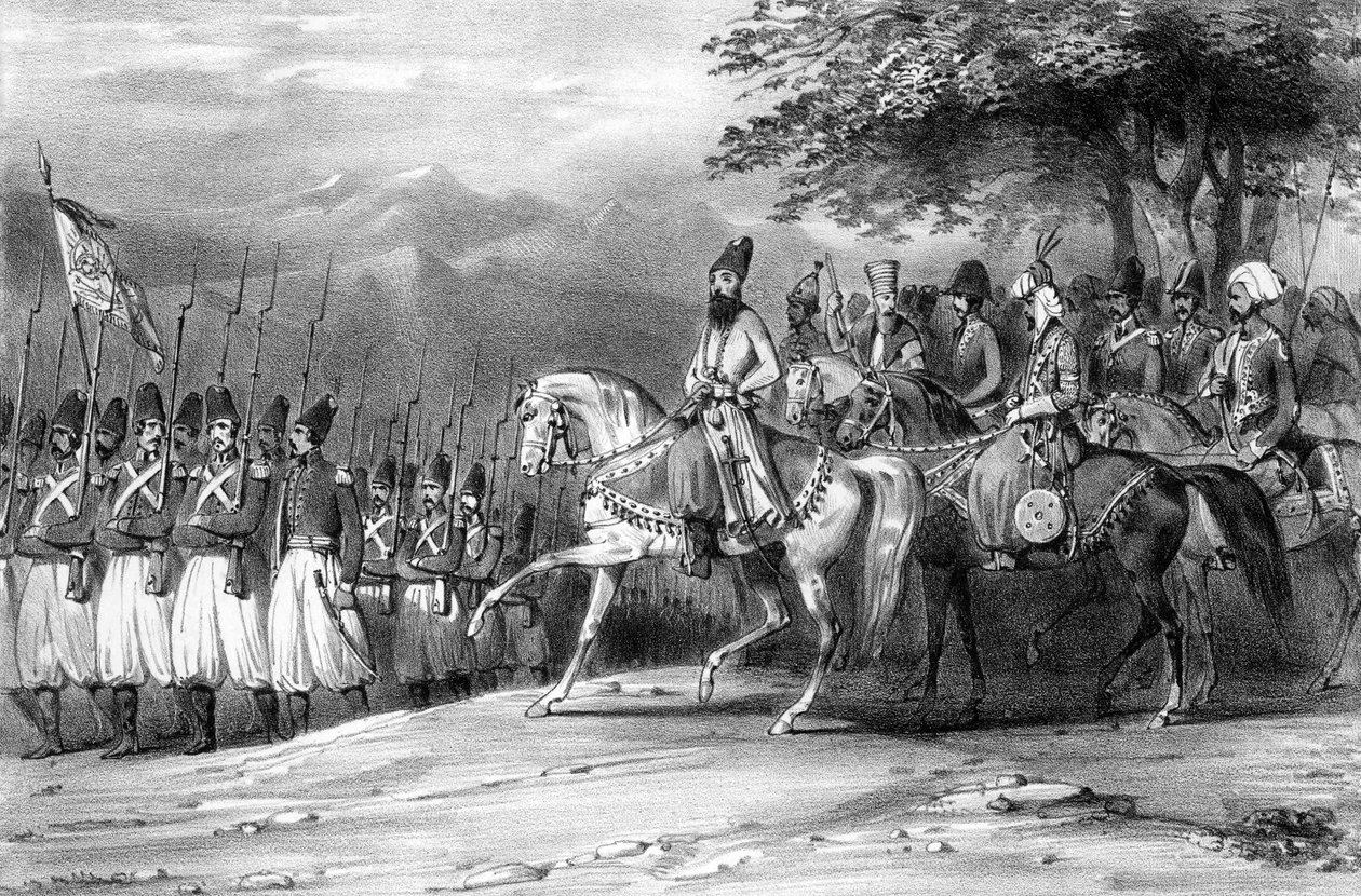 Een review van Abbas Mirza, soldaten, Iran door Hippolyte Bellange
