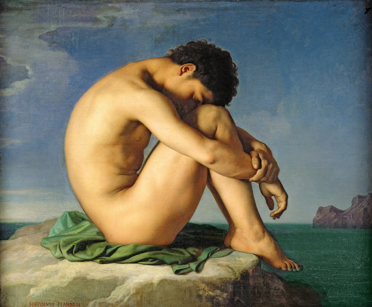 Naakte jonge man zittend bij de zee, 1836 door Hippolyte Flandrin