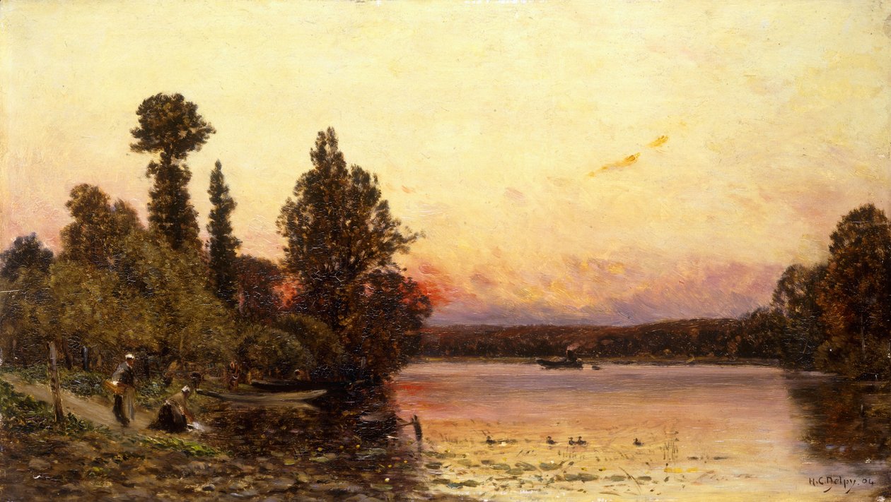 Zonsondergang, Aan de Rivieroever, 1904 door Hippolyte Camille Delpy