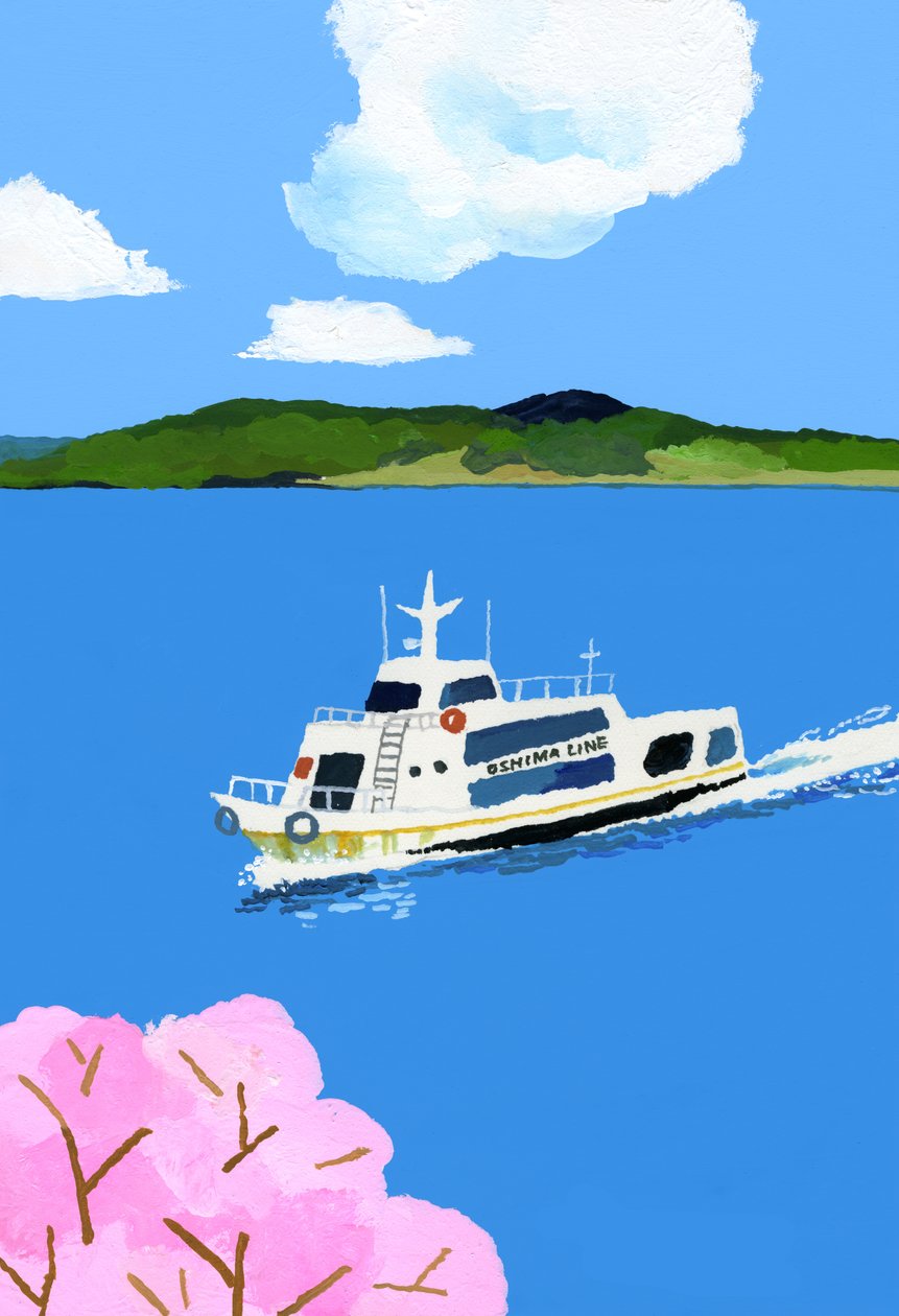 Toeristenboot en kersenbloesem door Hiroyuki Izutsu