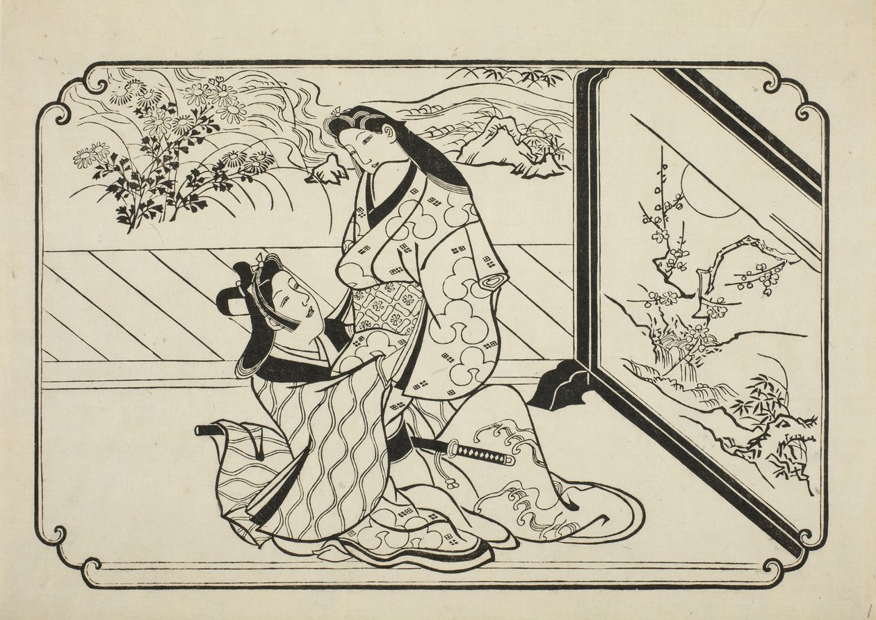 Achter het scherm, c.1673-81 door Hishikawa Moronobu