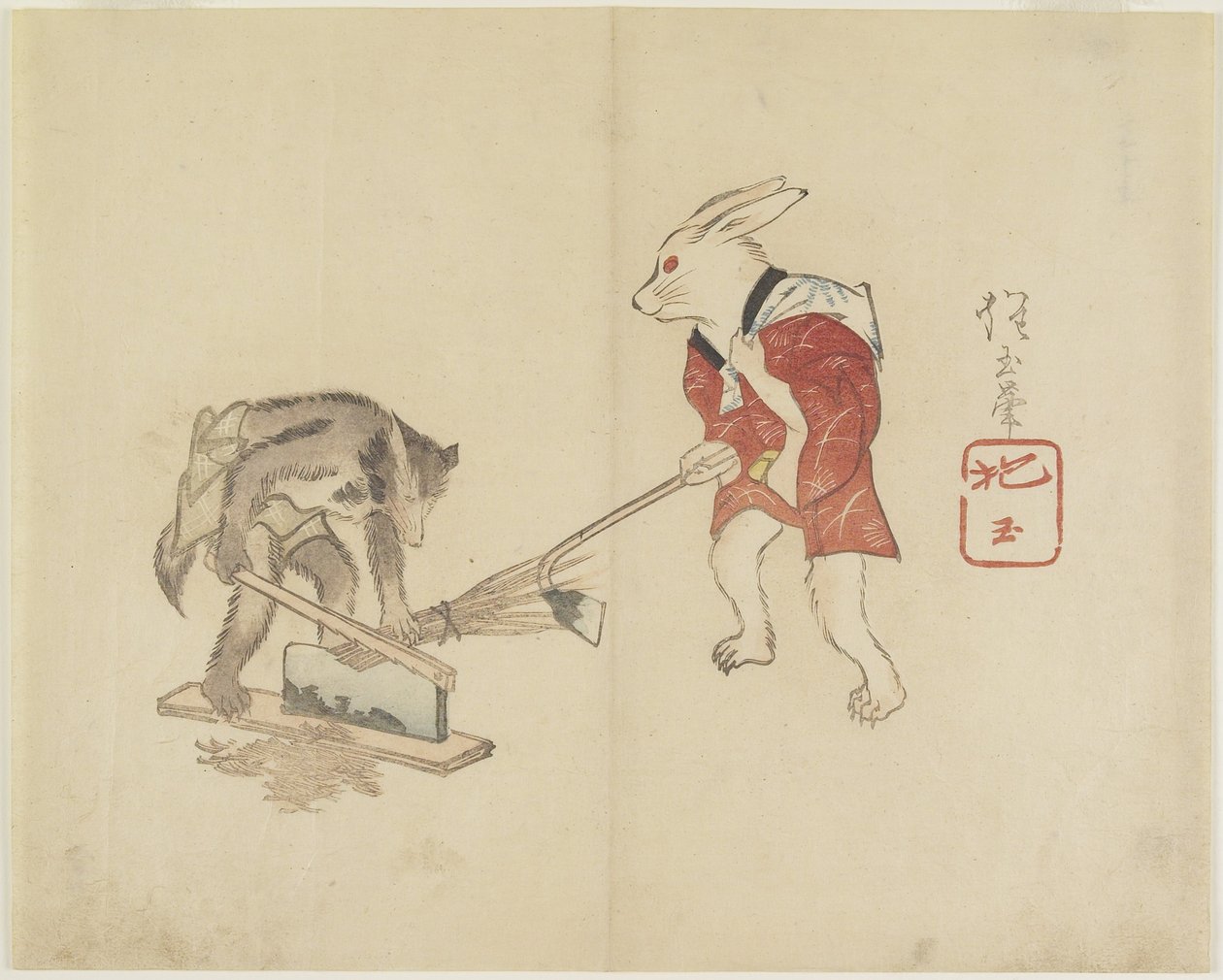 (Konijn en Wasbeer Hakselend Stro), ca. 1830 door Hogyoku