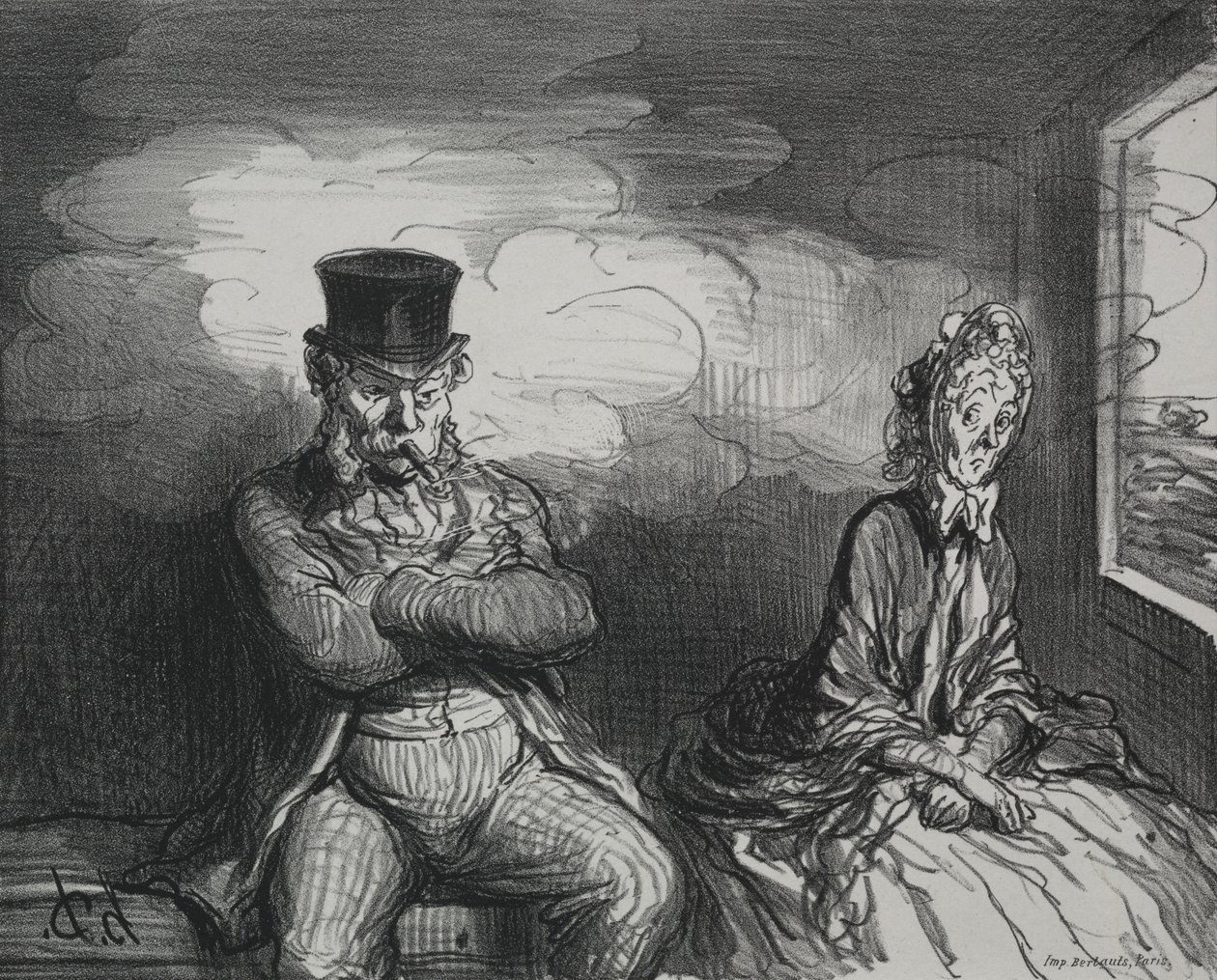 In de trein: Een aangename metgezel door Honoré Daumier