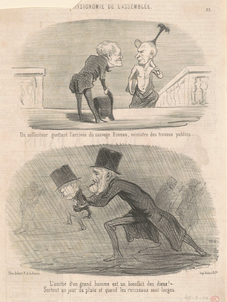 Een sollicitant die ... Bineau bespiedt! door Honoré Daumier
