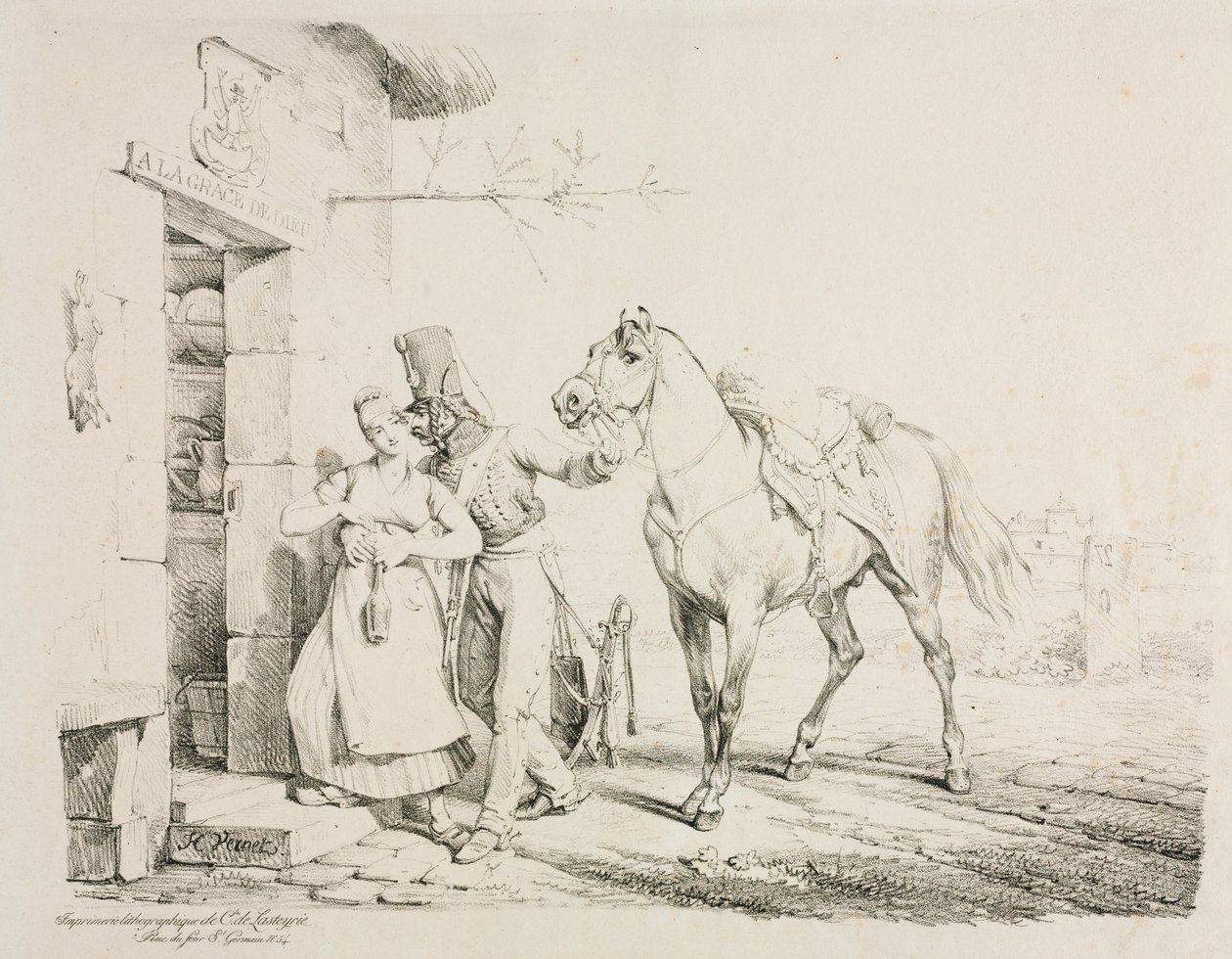 Een huzaar omhelst een dienaar door Emile Jean Horace Vernet