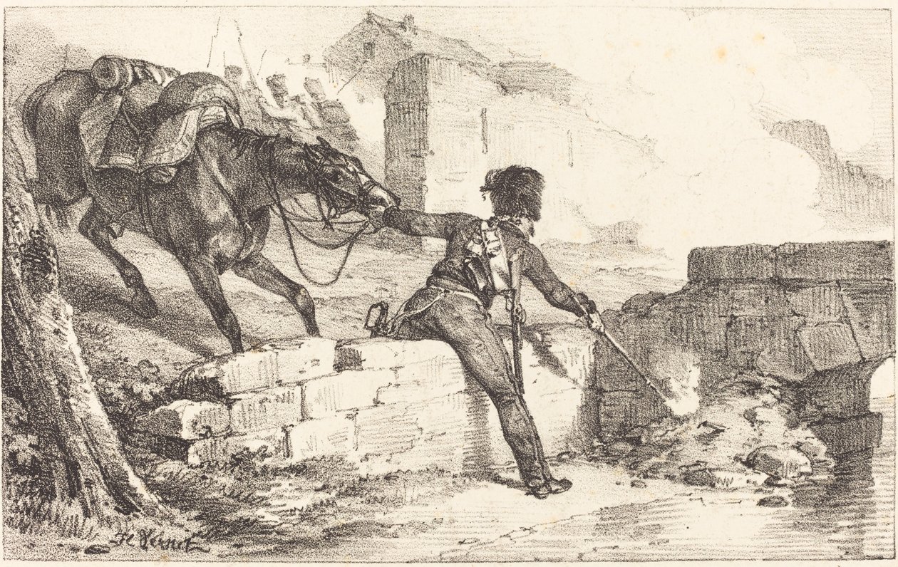 Artillerist die een Mijnenwerper Aansteken door Emile Jean Horace Vernet
