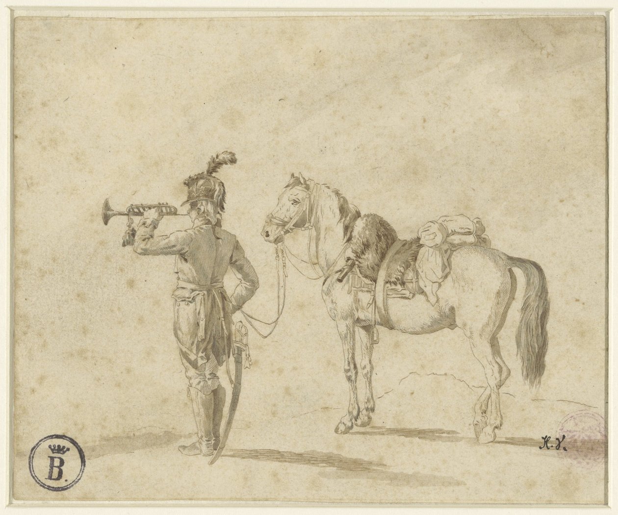 Trompetter naast paard door Emile Jean Horace Vernet