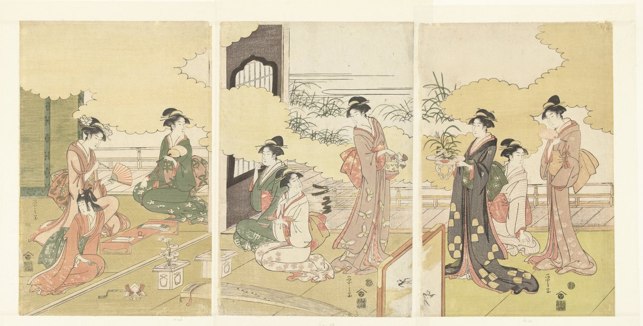 Vrouwen in een openlucht kamer door Hosoda Eishi