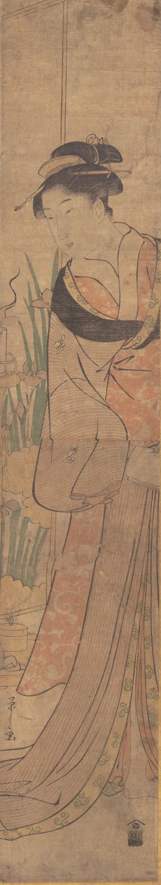 Jonge dame en iristuin door Hosoda Eishi