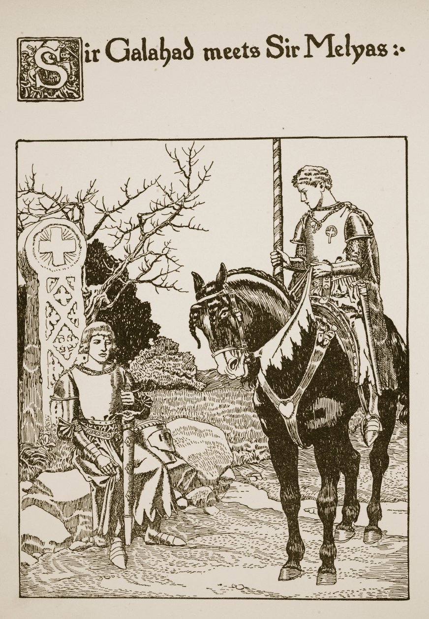 Sir Galahad ontmoet Sir Melyas, illustratie uit 