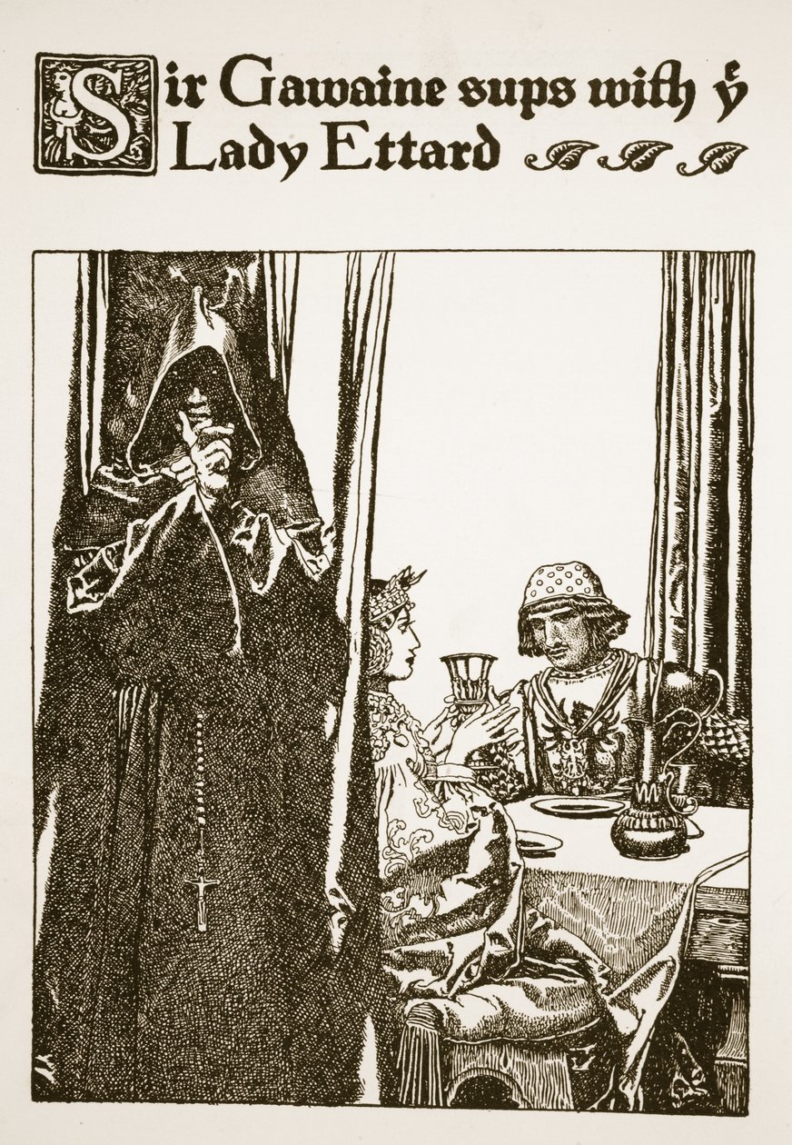 Sir Gawaine dineert met Lady Ettard, illustratie uit 