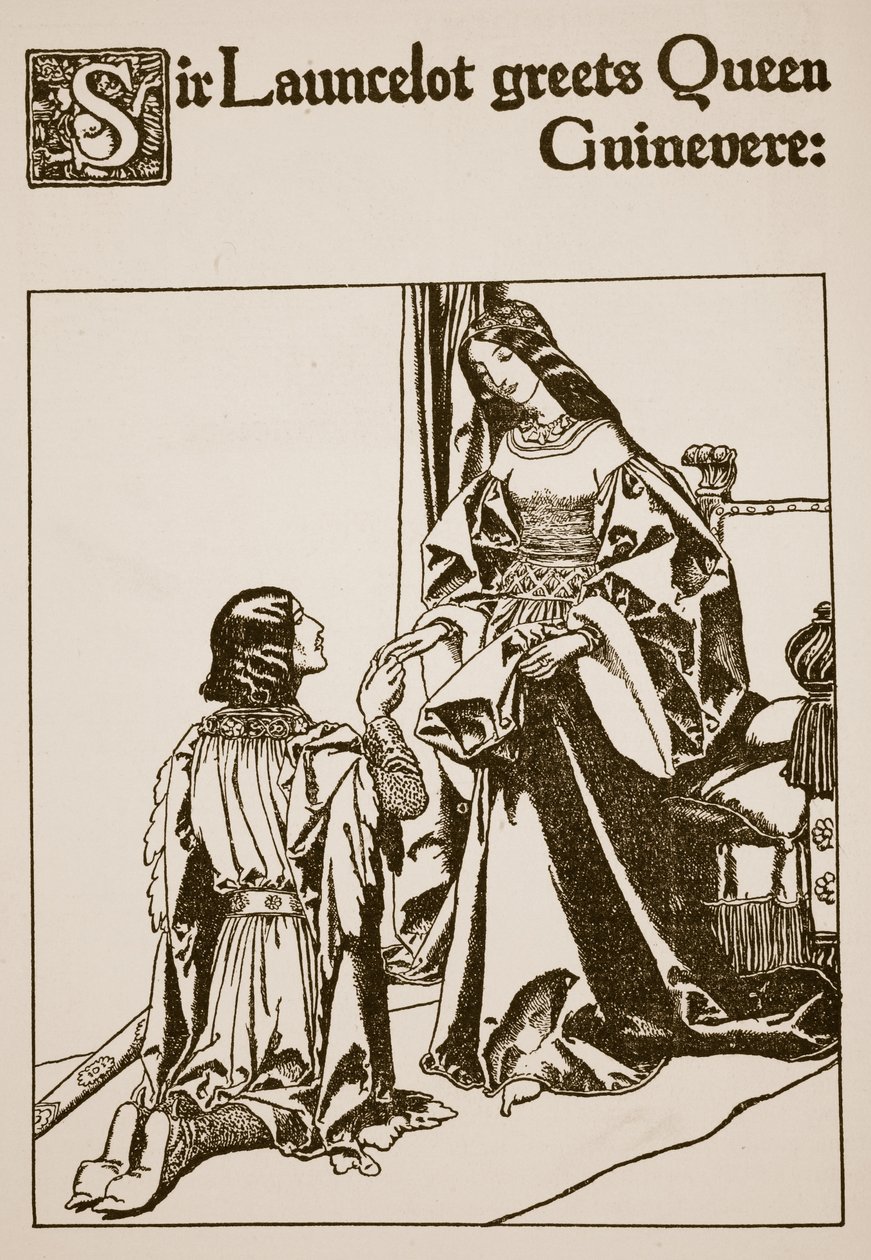 Sir Launcelot begroet koningin Guinevere, illustratie uit 
