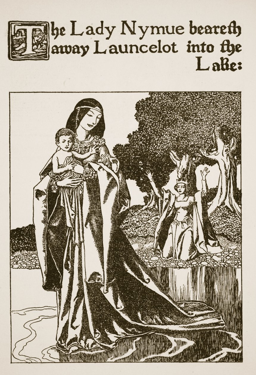 De dame Nymue draagt Launcelot naar het meer, illustratie uit 