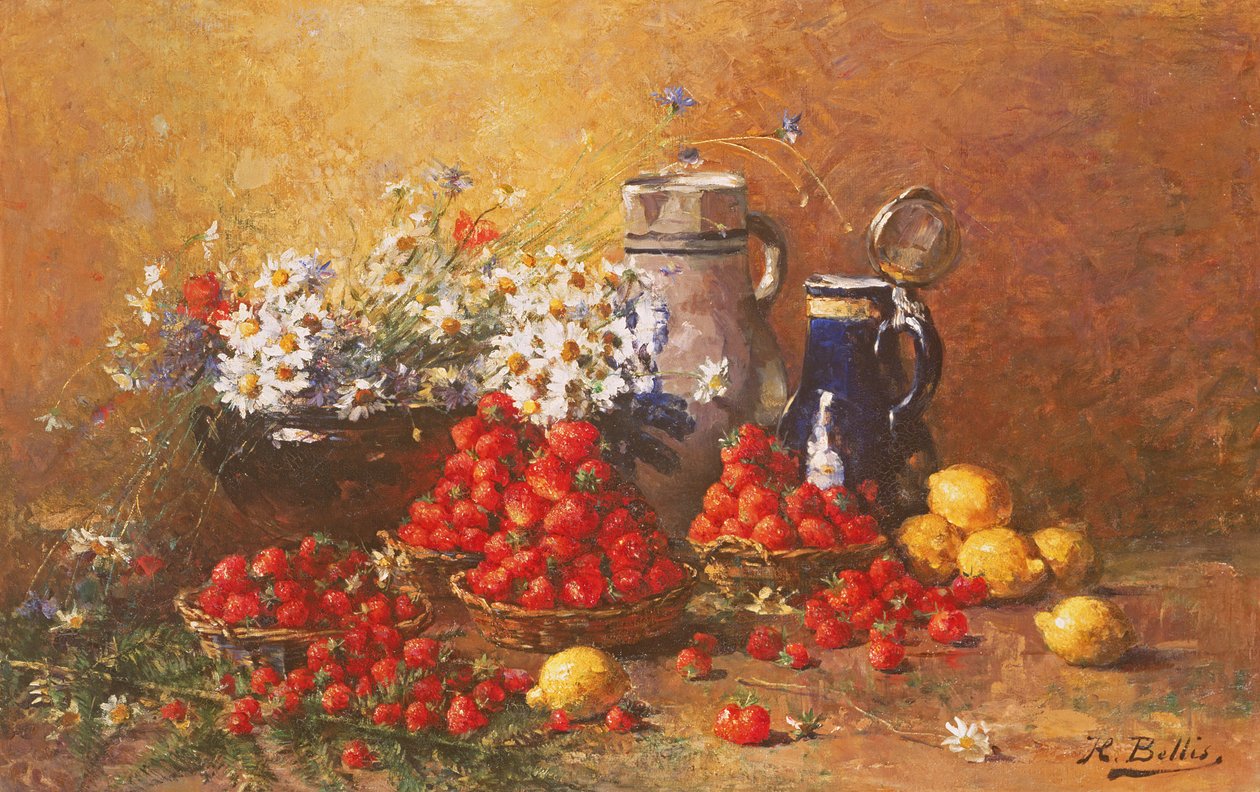 Stilleven van bloemen en fruit door Hubert Bellis