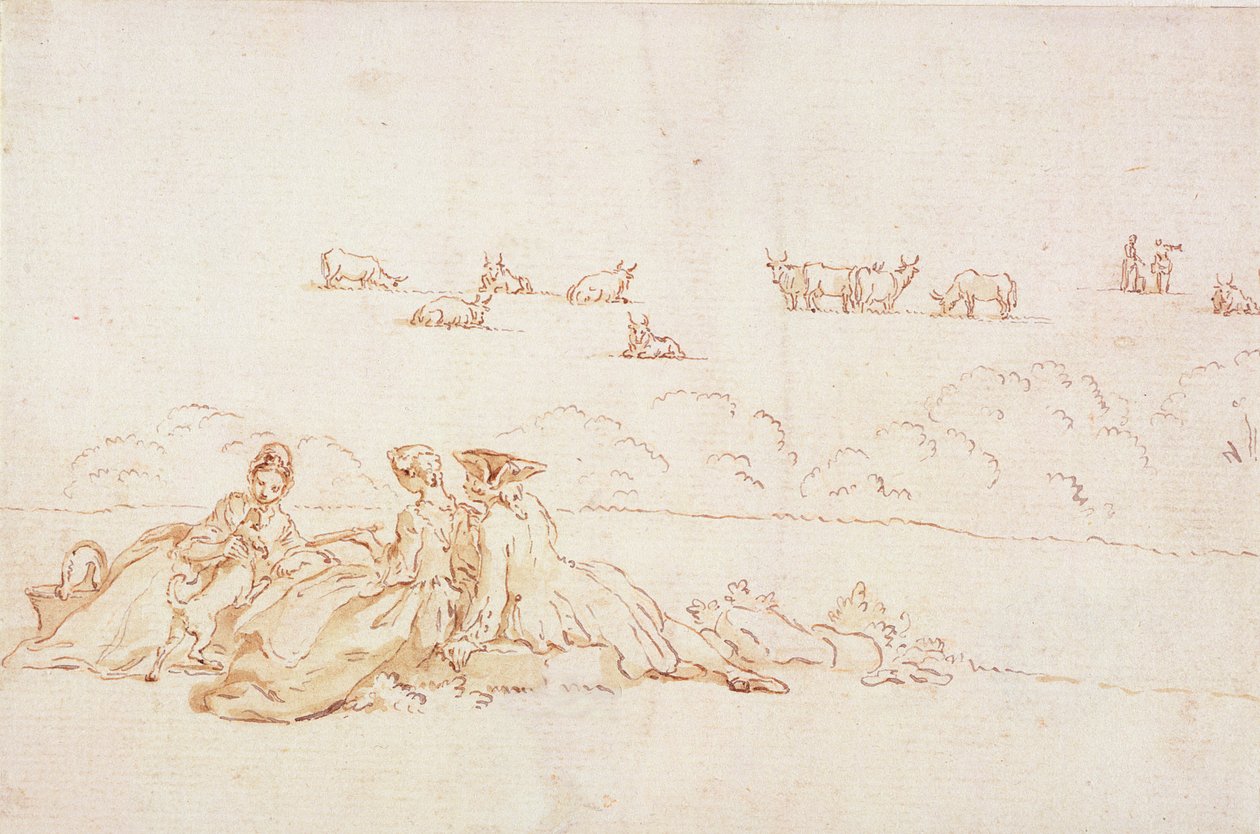 Een picknick: twee dames en een heer door Hubert Francois Gravelot